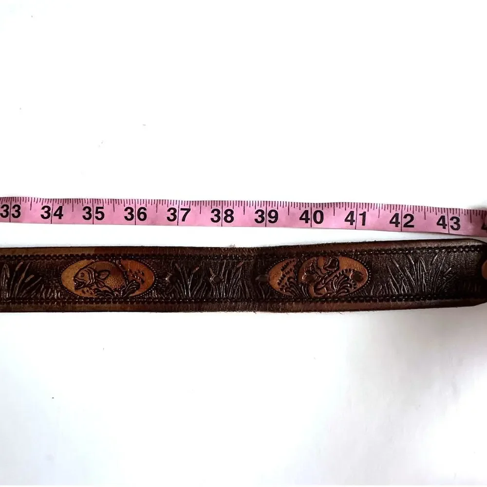 Grandpa Fishing Belt Mens Size 40 Brown Tooled Cowhide Leather Fish